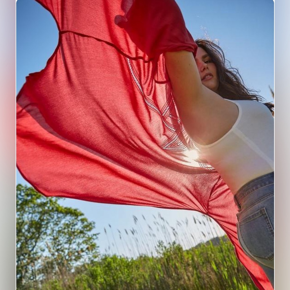 Red Crinkled Gauze Crochet Inset Longline Kimono